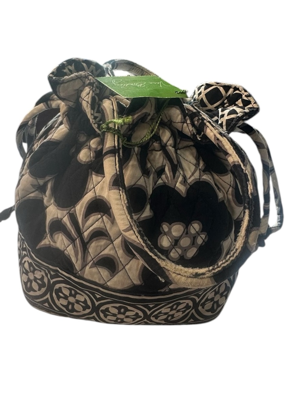 Vera Bradley Quilted Drawstring Handbag Tote Black Cream Floral Purse Retired - Picture 9 of 13